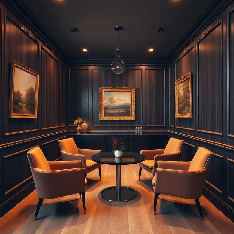 Interior editorial al biroului Atelier Ionescu cu panouri din lemn închis și pereți charcoal