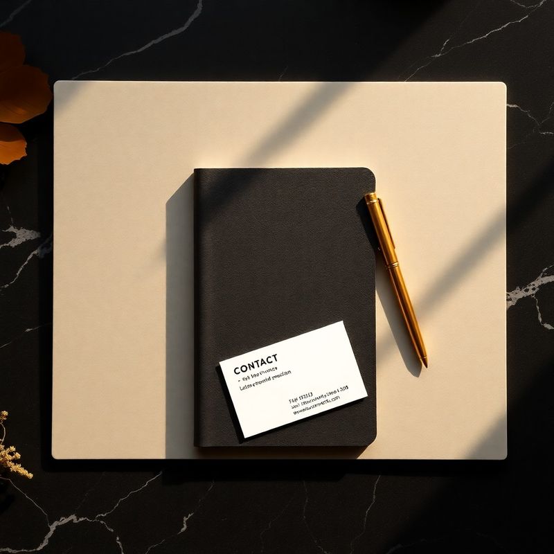 Configurație minimalistă pe birou charcoal cu stilou auriu, carnețel și carte de vizită