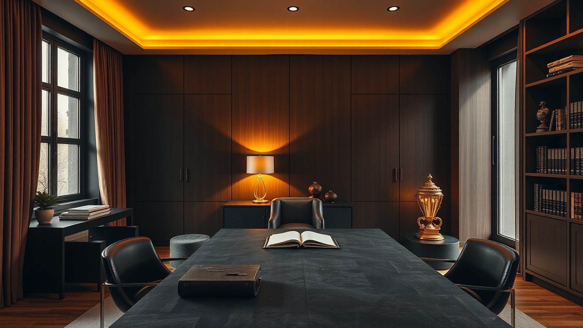 Interior editorial al biroului Atelier Ionescu din Brașov, cu accente charcoal și aur